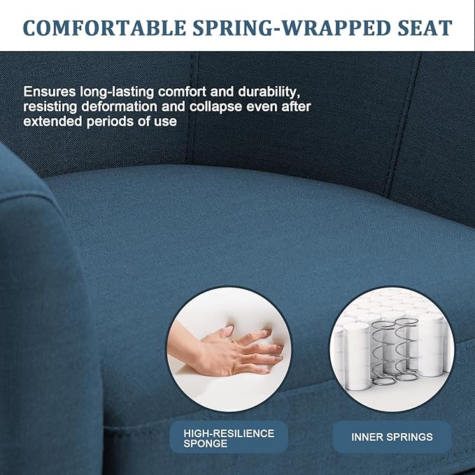 UIXE 360° Swivel Barrel Accent Chair, Modern Round Arm Chair Upholstered Club Armchair, Single Sofa Seating in Fabric for Living Room, Bedroom (Blue)