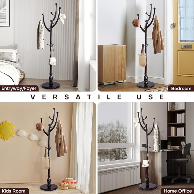Tree Coat Rack Freestanding with Round Base, Unique Coat Hanger Stand, Heavy Duty Standing Coat Rack Clothes Stand for Winter Jacket, Hat, Entryway/Hallway/Bedroom, Red Brown