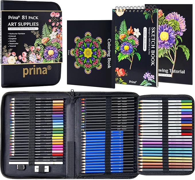 PRINA 81 Drawing Set Sketching Kit, Pro Sketch Pencils Art Supplies with Rainbow, Colored, Graphite, Watercolor, Metallic, Charcoal Pencil, Sketchbook, Coloring Book, Gift Case for Artists Adults Kids