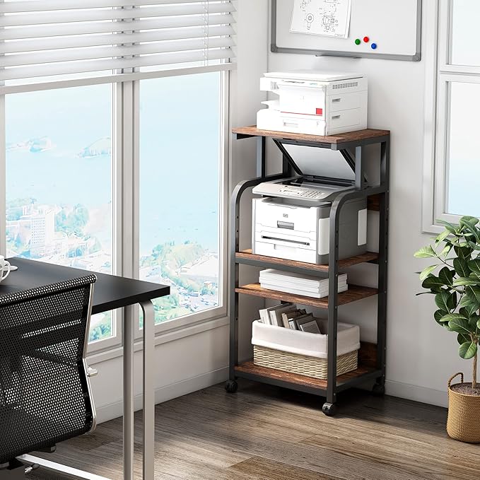 4-Tier Printer Stand with Adjustable Storage Shelf, Large Tall Printer Table with Wheels for Home Office Small Spaces Organization, Rustic Brown