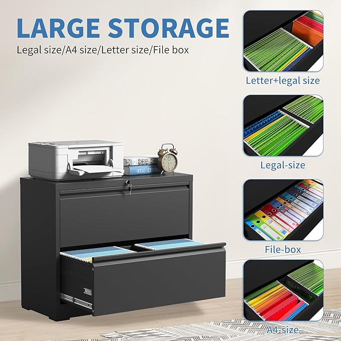 File Cabinets 2 Drawer,Metal Office Storage Filing Cabinet with Lock,Black Lateral Filing Cabinet for Home Office,Horizontal 2-Drawer File Cabinets for Legal/Letter/A4,Assembly Require,Black