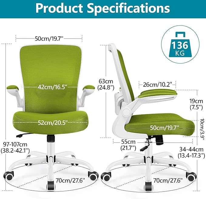 FelixKing Office Chair, Ergonomic Desk Chair Breathable Mesh Chairs with Adjustable High Back Lumbar Support Flip-up Armrests, Executive Swivel Comfy Task Computer Chairs for Home Office Avocado Green