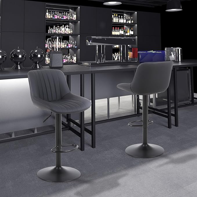 Bar Stools Set of 3, Swivel Counter Height Barstools with Back, Adjustable PU Leather Bar Chairs, Modern Armless Kitchen Island Stool, Black
