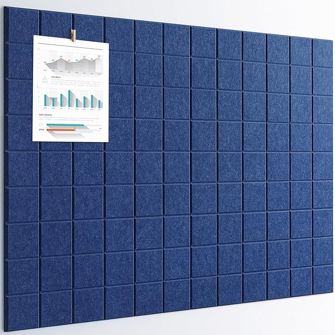 Large Cork Board, 12 Pack Felt Wall Tiles with Safe Removable Adhesive, Bulletin Board for Office, Pin Tack Corkboard for Quilting Design & Dart Wall Protector 48" x 36" - Blue