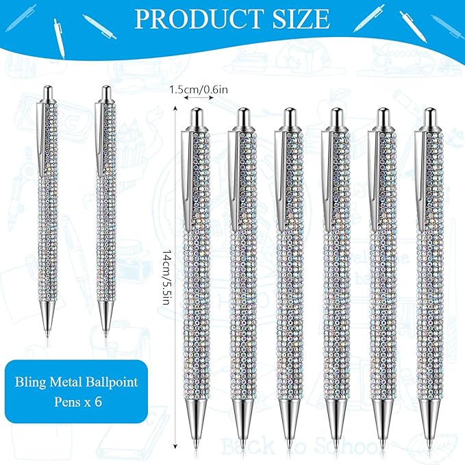 Jeyiour 6 Pcs Bling Pen Cute Diamond Wedding Rhinestones Gift Metal Ballpoint Fancy Sparkly Crystal Retractable Black Ink Pen for Women Office Birthday 0.7mm(Colorful Silver, Silver)