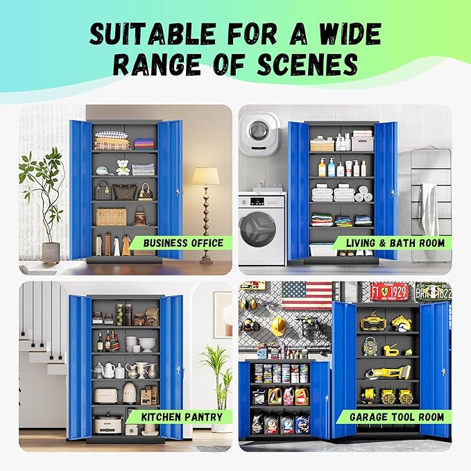INTERGREAT Garage Storage Cabinets with Doors and Shelves,72" H Steel Locking Cabinets Storage with Lockable Door,Metal Storage Cabinet for Home Office,Warehouse,School,Black Blue