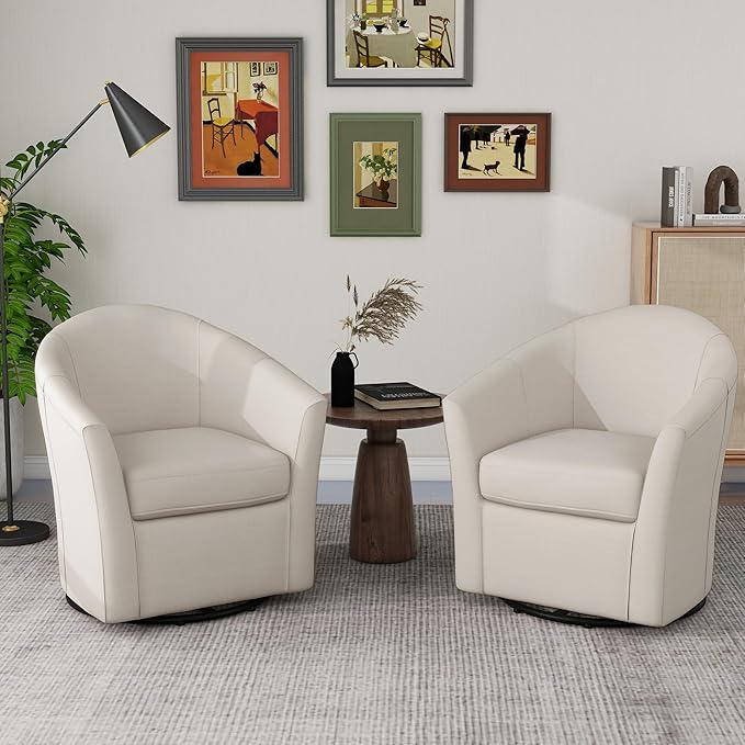 UIXE 360° Swivel Barrel Accent Chairs Set of 2, Modern Round Arm Chair Upholstered Club Armchair, Single Sofa Seating in Fabric for Living Room, Bedroom (Beige)