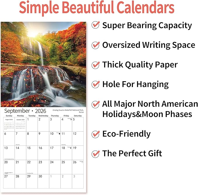 2025 Wall Calendar,Calendar 2026, July 2025 - December 2026, Wall Calendar Waterfall, 12" x 24" Opened,Full Page Months Thick & Sturdy Paper for Calendar Organizing & Planning