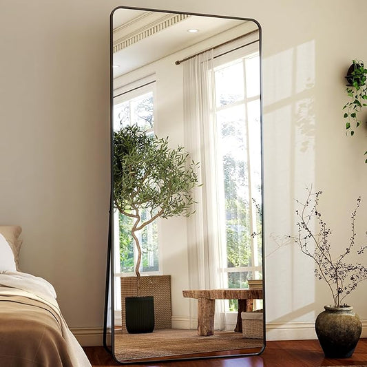 HARRITPURE 71x32 inch Rounded Full Length Mirror Aluminum Frame Black Mirror Full Length Floor Mirror with Stand for Living Room Bedroom Cloakroom