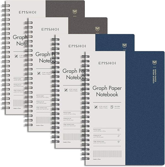 EMSHOI Graph Spiral Notebook 4 Pack, A5 Graph Paper Notebook/Journal, Waterproof PVC Cover, 100GSM Thick Paper, with Free Sticky Notes, 80 Sheets/160 Pages Per Book, 5.7" x 8.22", Coffee Blue