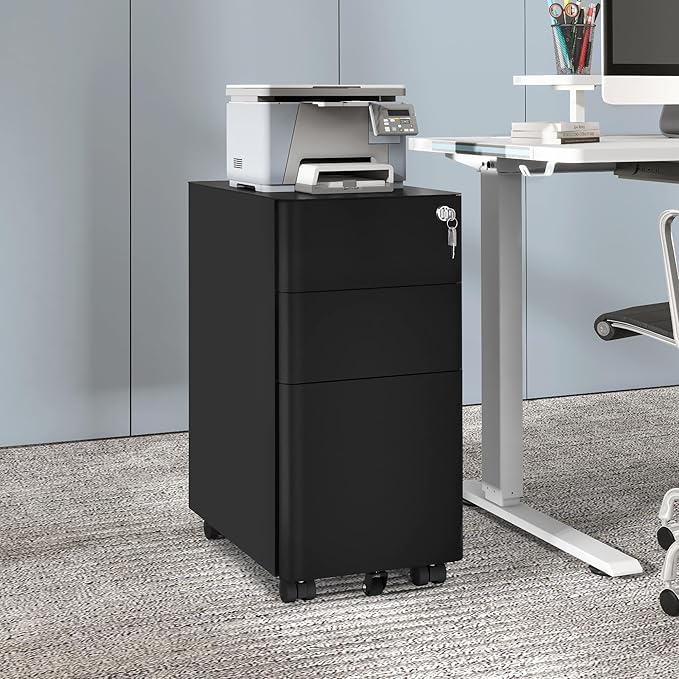 DWVO 3-Drawer Vertical File Cabinet, Mobile Filing Cabinet with Lockable, Pre-Assembled Compact Slim File Cabinet, Portable Office Storage for A4/Letter/Legal Documents (Black)