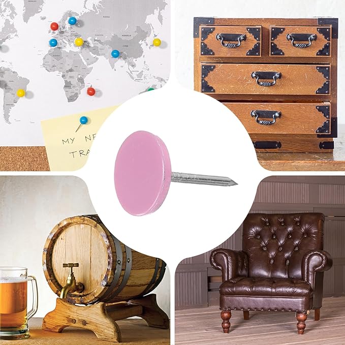 uxcell 150Pcs Upholstery Tacks, 11mmx17mm Flat Head Thumb Tack Decorative Furniture Nails Push Pins for Furniture Sofa Headboards, Pink