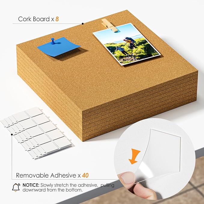 MaxGear Large Cork Board for Wall 48" x 24", 8 Pack Cork Board Tiles with 20 Pushpins & Safe Removable Adhesive Tabs, 12" x 12" Corkboards for Office, School, Home