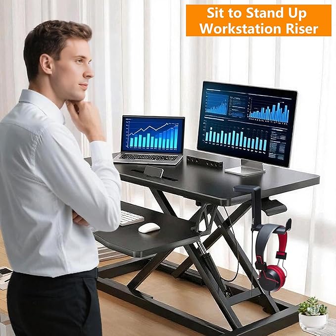 37-inch Standing Desk Converter,Height Adjustable Sit to Stand Up Workstation Riser, Dual Monitor and Laptop Riser with Wide Keyboard Tray, Headphone Stand,Cable Clips,for Home Office, Black