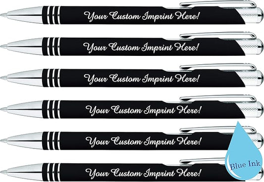 ExpressDesigns™ - Blue Ink Personalized Pens Rubberized - The Cameron - Custom Printed Name Pens - Imprinted with Logo or Message - Includes Personalization - 6 Pack (Black)