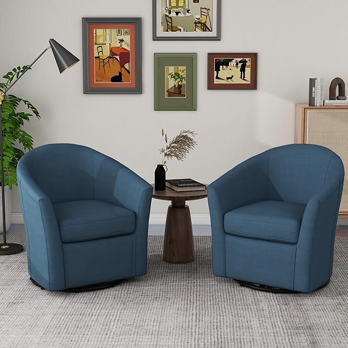 UIXE 360° Swivel Barrel Accent Chairs Set of 2, Modern Round Arm Chair Upholstered Club Armchair, Single Sofa Seating in Fabric for Living Room, Bedroom (Blue)
