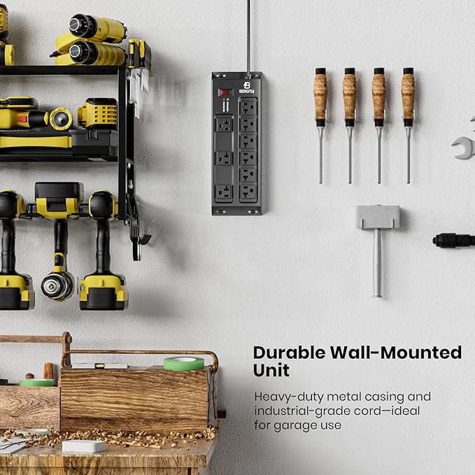 Heavy Duty Metal Power Strip, 20 AMP Surge Protector with 9 Outlets, 12 Gauge Industrial Strength for Shop & Garage Use, 6 FT Extension Cord Included, Durable T-Slot Design (6FT)