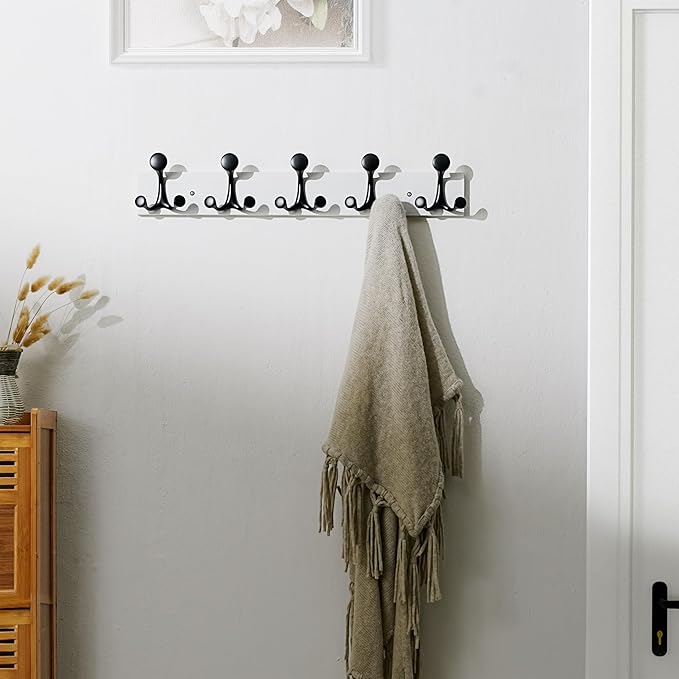 SKOLOO 24-Inch White Wood Coat Rack Wall Mount with 5 Triple Hooks - Ideal for Family Entrances, Classrooms, and Pet Supplies Storage - Perfect Coat Hooks for Wall