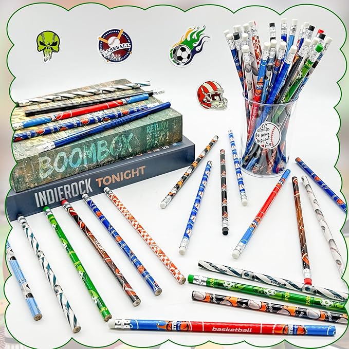 Cinrobiye 96 Pcs Sports Pencils Bulk, Basketball Football Baseball Scoeer Wood Pencils with Erasers Sports for School Prizes Classroom Exchange Gifts Party Favors Supplies, Stationary Gifts