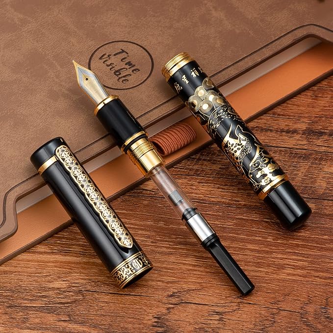 Hongdian 8037 Chinese Classical Fountain Pen, Iridum Fine Gold Nib with Chinese Deer Totem Design, Smooth Writing Pen with Ink Converter and Metal Pen Box Set