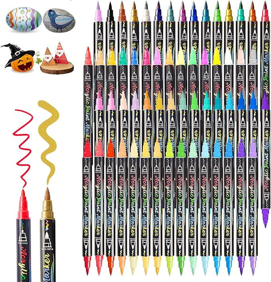 60 Colors Acrylic Paint Pens,Dual Tip Acrylic Markers with Fine Tip and Brush Tip,Acrylic Paint Markers for Rock Painting,Fabric,Crafts,Wood,Glass,Canvas,Plastic,Scrapbook,Art Supplies