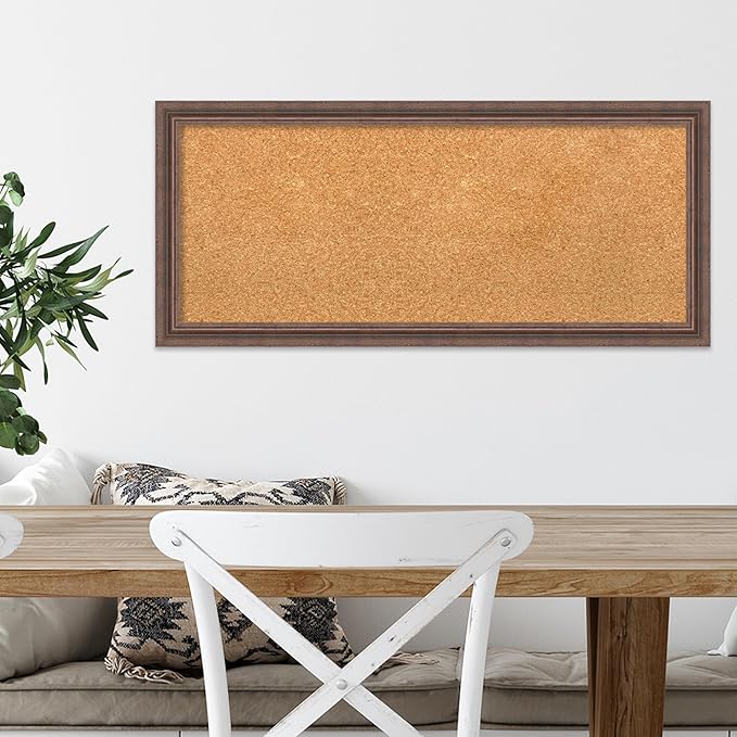 Amanti Art Natural Cork Board for Wall, 14x32 Vision Board with Brown Wood Frame, Medium Corkboard Office Decor for Home Organization, Country Rustic Corkboard Pinboard to Display Items for Home