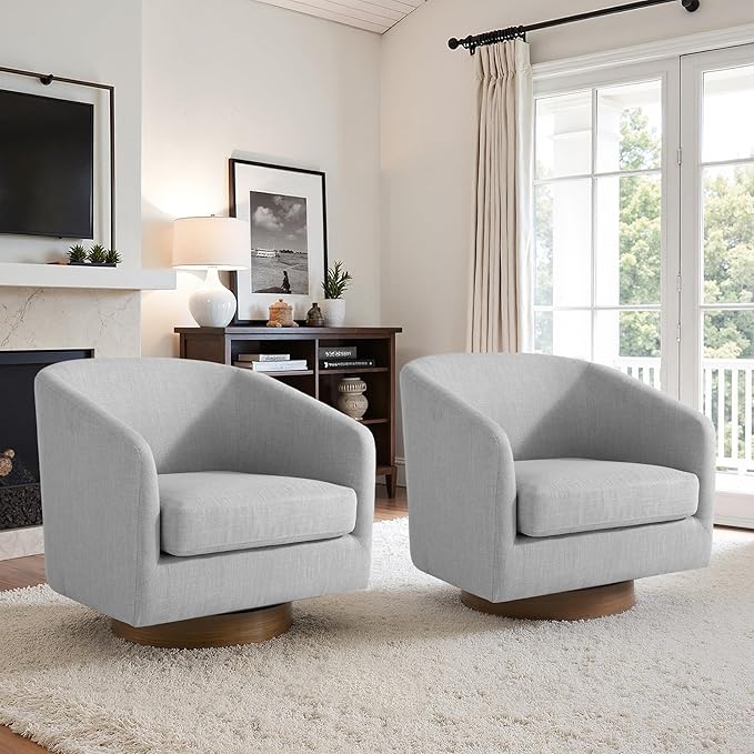 UIXE Swivel Accent Chairs Set of 2, Fabric Upholstered Barrel Chair for Living Room, Comfy Round Armchair Single Sofa Bedroom Reading Seat - 31" W, Light Gray
