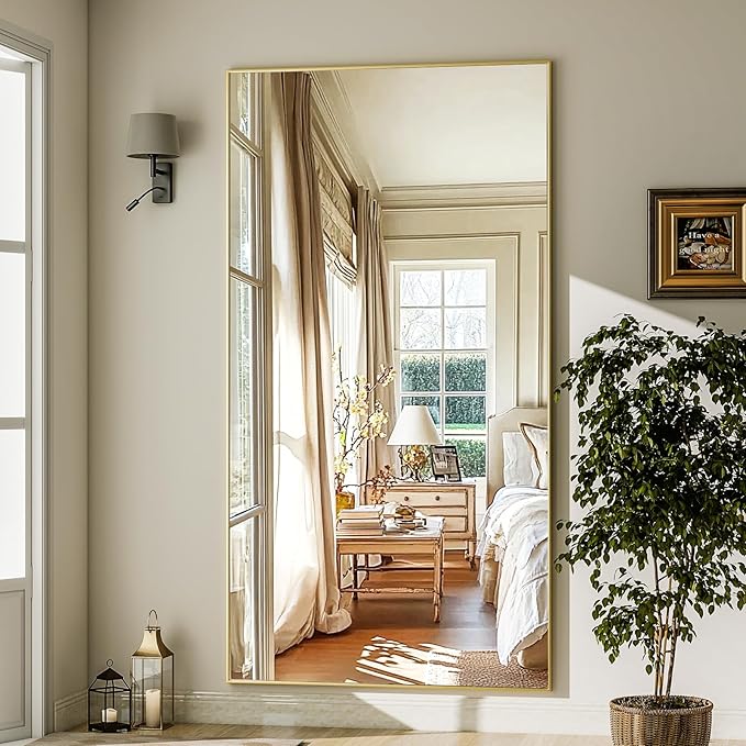 GLSLAND 71"x31" Full Length Mirror Extra Large Hanging or Leaning Rectangle Mirror Aluminum Alloy Thin Frame Bedroom Floor Dressing,Gold