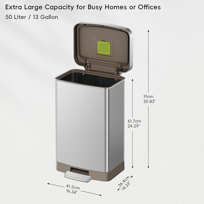 EKO Hudson Matte Stainless 50 Liter/13.2 Gallon Step Trash Can with Rear Trash Bag Storage Compartment