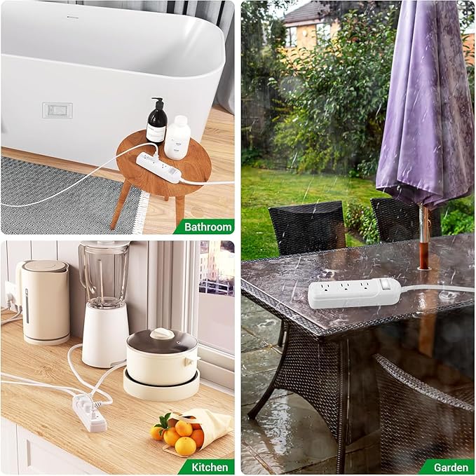 IPX6 Outdoor Power Strip Weatherproof, Waterproof Surge Protector with 3 Wide Outlet 12FT Long Extension Cord, Wall Mountable for Outside Decorations and More UL Listed(Black)