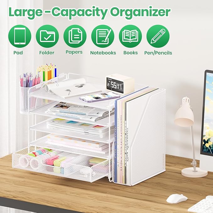 Desk Organizers and Accessories, 5-Tier Paper File Organizer with Drawer & Pen Holder, Office Desk Accessories Workspace Desktop Organizer for Office Supplies (White)