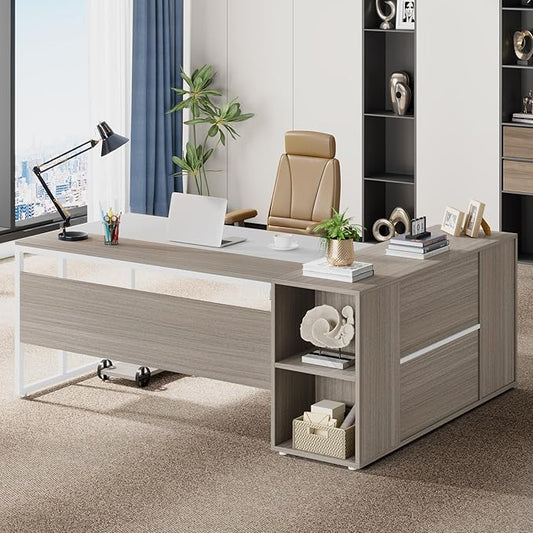 Tribesigns 71 inch Executive Desk, L Shaped Desk with Cabinet Storage, Executive Office Desk with Shelves, Business Furniture Set Workstation for Home Office, Gray and White