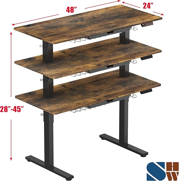 SHW 48-Inch Electric Height Adjustable Standing Desk with Drawer, Memory Preset and Cable Management Tray, Rustic Brown