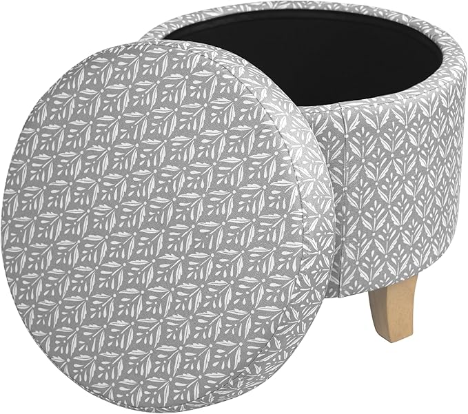 HomePop Upholstered Round Storage Ottoman|Homepop Home Décor|Upholstered Round Foot Rest Ottoman - Light Grey Print