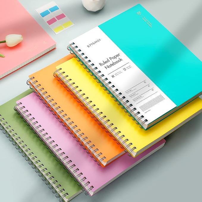 EMSHOI A4 Spiral Notebook College Ruled Lined Journal, 11.2" x 8.27", 300 Pages, 100gsm Thick Paper, Waterproof Softcover, Twin-Wire Binding, Sticky Notes, Pink