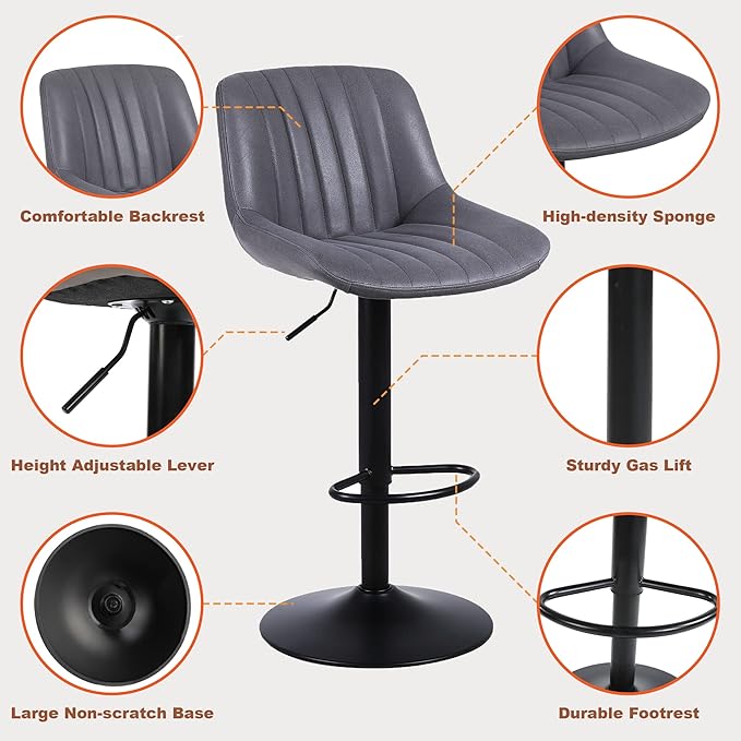 Bar Stools Set of 2, Swivel Counter Height Barstools with Back, Adjustable PU Leather Bar Chairs, Modern Armless Kitchen Island Stool, Dark Grey