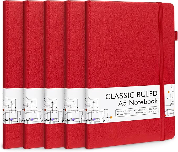 feela 5 Pack Journal Notebook Bulk for School, Hardcover Business Notebooks Classic Ruled Lined Journals with Pen Holder for Work Note Taking, with 5 Black Pens, 120 GSM, 5.1”x8.3”, A5, Red