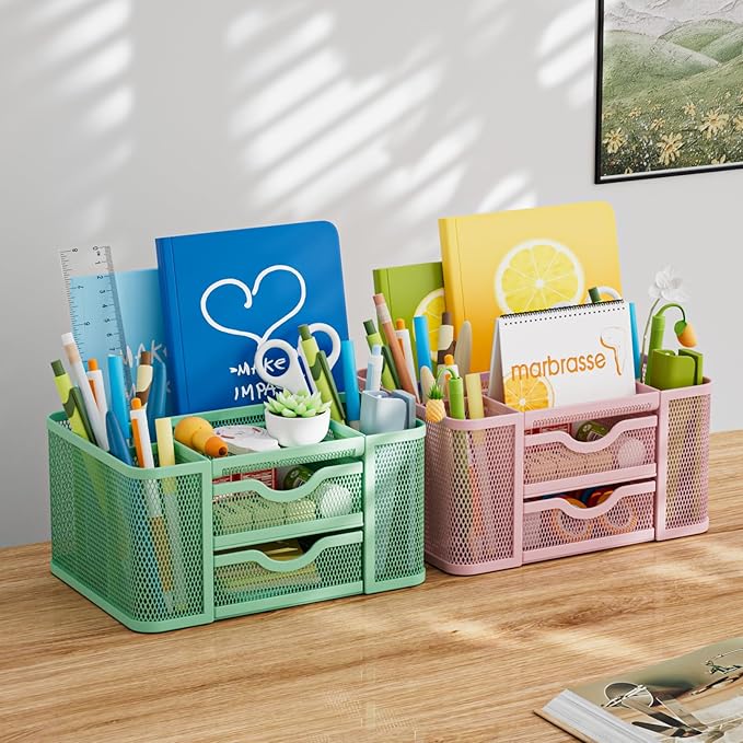 Marbrasse Mesh Desk Organizer, Pen Organizer with 2 Drawer, Multi-Functional Pencil Holder, Desk Organizers and Accessories with 5 Compartments + Drawer for Office Art Supplies (Green)