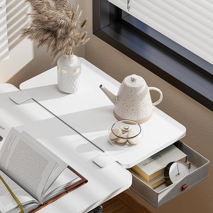 Desk Extender Tray, 24" x 12" Clamp On Desk Shelf, Desk Extension with Storage Drawer, Table Desk Arm Rest, Clamp On Keyboard Tray for Office and Home, Workstation Organizer, Medium, White