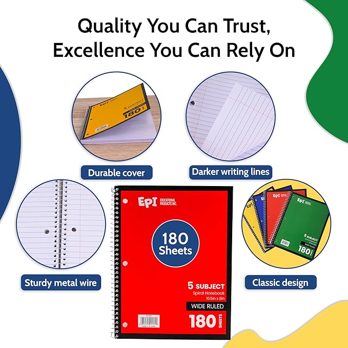 EPI Spiral Notebook | 5 Subject - Wide Ruled - 180 Sheets, Durable Spiral Binding | 10.5 x 8 in | Classroom Supplies | School, Office, Note Taking, Journaling - 24 Pack