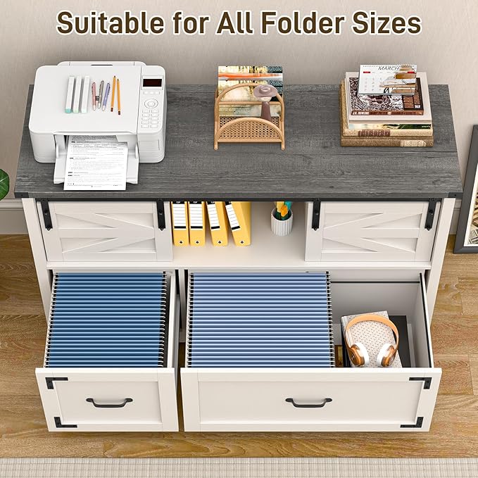 Lateral File Cabinets 2 Drawer with Sliding Barn Doors, Farmhouse Filing Cabinet with 2 Drawer for Home Office，Filing Organization Storage Cabinets for Hanging Files Letter/Legal/F4/A4.(Dark Grey.)