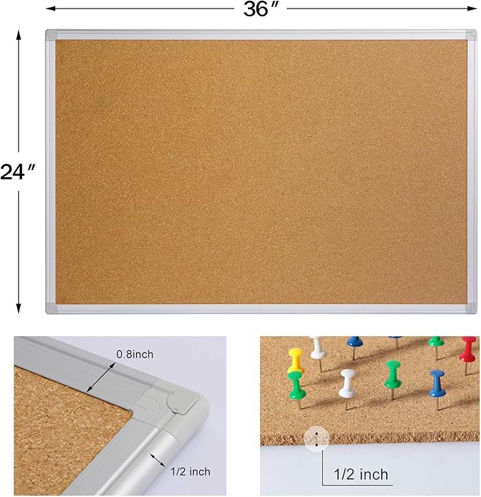 Board2by Cork Board Bulletin Board 24 x 36, Silver Aluminium Framed 2x3 Corkboard, Office Board for Wall Cork, Large Wall Mounted Notice Pin Board