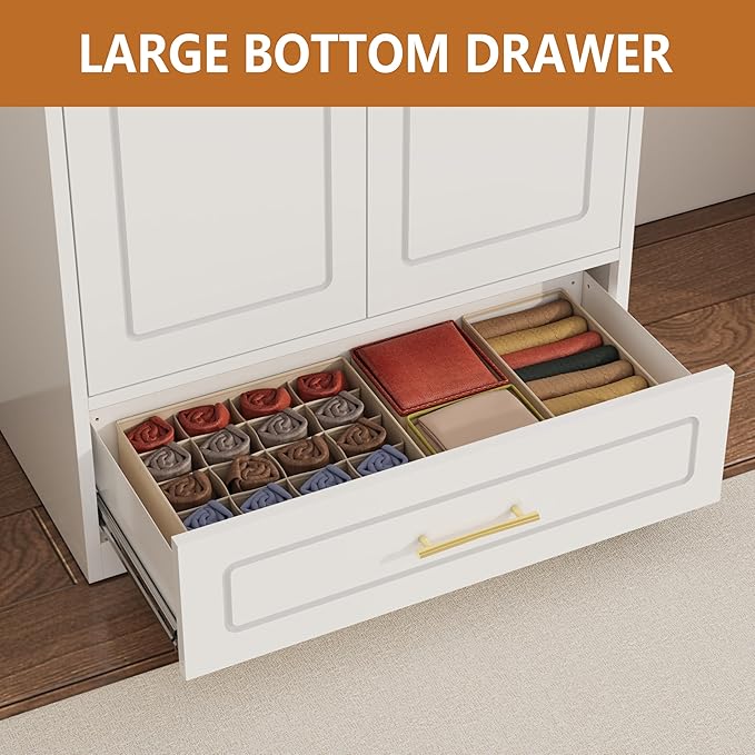 Metal Armoire Wardrobe Closet with Drawer, Freestanding Wardrobe Cabinet with Hanging Rod, Large Clothing Storage Cabinet with Doors for Bedroom, 18" D x 32" W x 86" H, White, Assemble Required