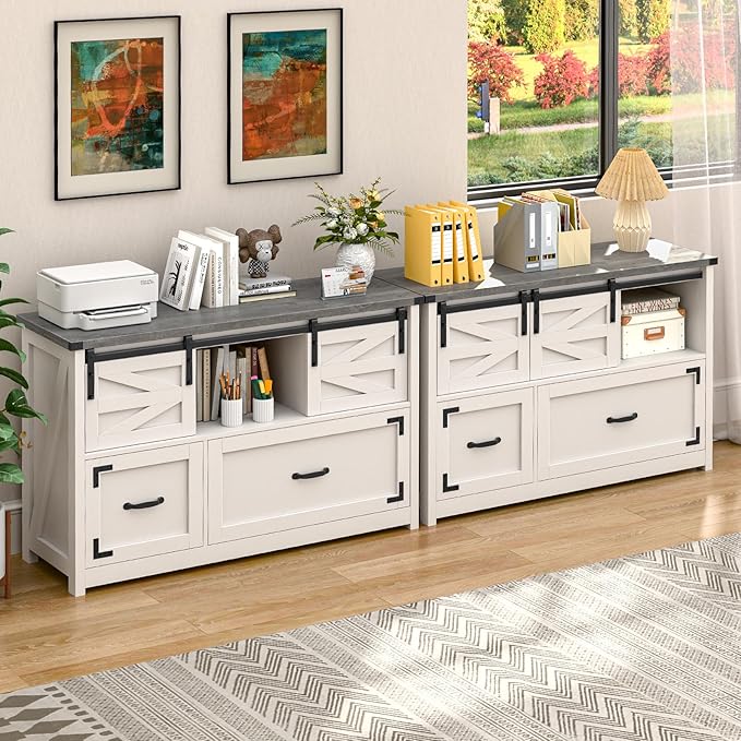 Lateral File Cabinets 2 Drawer with Sliding Barn Doors, Farmhouse Filing Cabinet with 2 Drawer for Home Office，Filing Organization Storage Cabinets for Hanging Files Letter/Legal/F4/A4.(Dark Grey.)