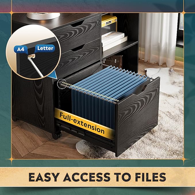 DEVAISE 3-Drawer Wood File Cabinet, Mobile Lateral Filing Cabinet, Printer Stand with Open Storage Shelves for Home Office, Black