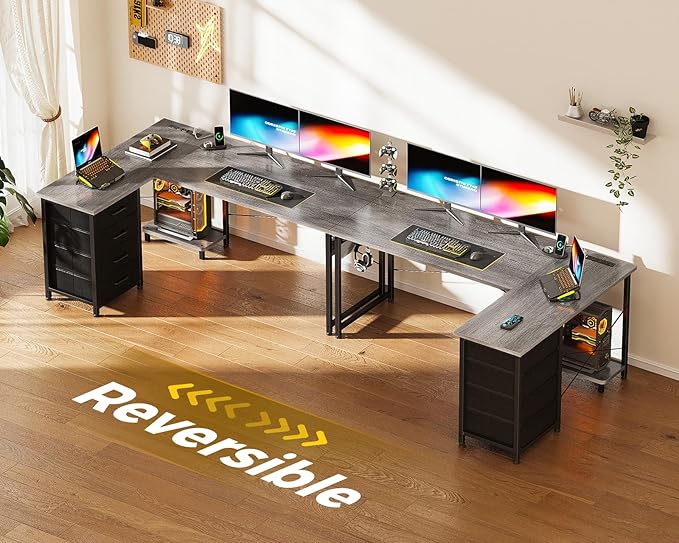 Casaottima L Shaped Desk with 4 Tier Drawers, 53" Gaming Desk with Power Outlets & USB, Reversible L-shaped Computer Desk with CPU Stand, Home Office Corner Table with Storage, Easy Assemble, Grey Oak