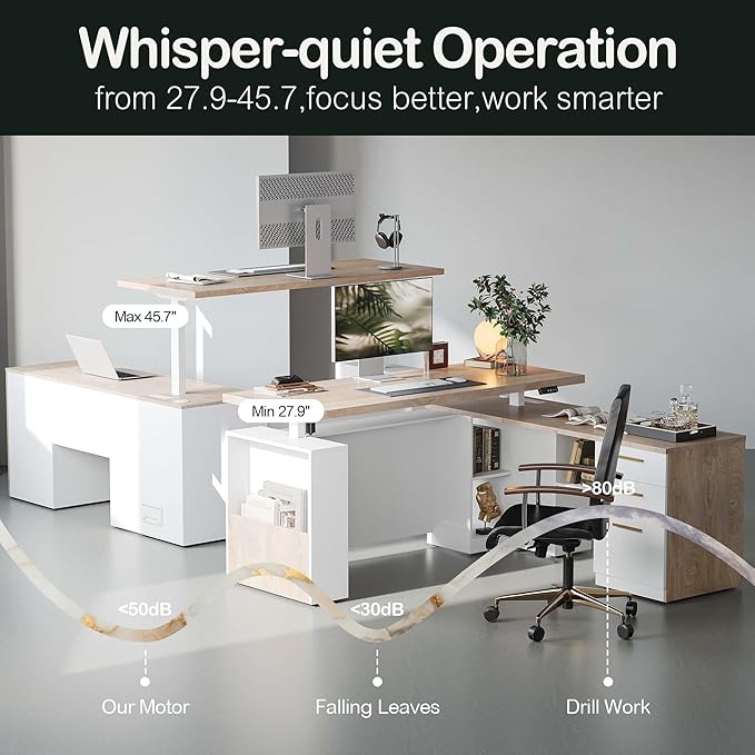 63" Standing Desk with File Cabinet, Privacy Panel, AC/USB, 1.18" Desktop, Executive L Shaped Height Adjustable Electric Stand Up Desk, Home Office Table with 3 Drawers, Light Walnut