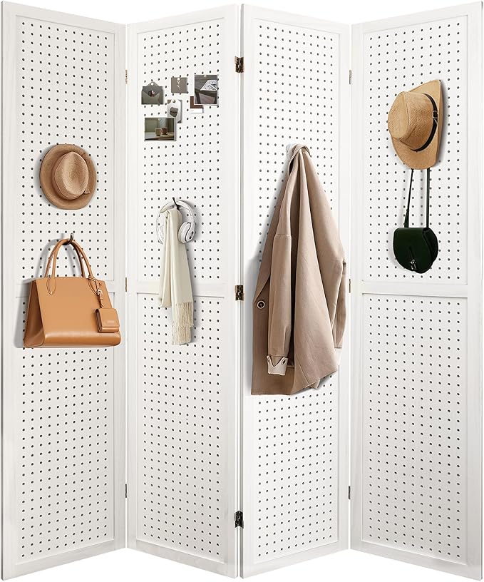 NicBex Room Divider 4 Panel Pegboard Display 5.6FT Wood PegBoard Room Dividers, Folding Privacy Screens Portable Display Board Wall Divider for Craft/Art Shows, Room Separation, White
