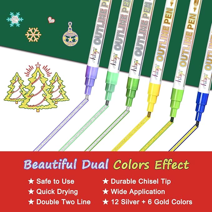 Glitter Markers Outline Pens, Teen Girl Gifts Trendy Stuff 4-16 Year Old, 18 Pack Gold and Silver Shimmer Metallic Marker Arts Crafts Supplies for Kids Ages 6 to 8, 9-12 Birthday Gifts for Tweens
