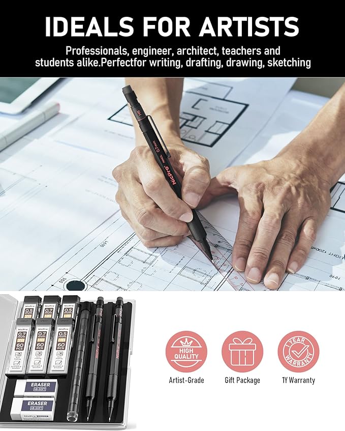 Nicpro 0.5 mm & 0.7 mm Mechanical Pencil Set with Case, MP2000 Metal Artist Mechanical Pencil With 6 Tube HB 2B Lead Refills, Eraser, Weatherproof Barrel for Outdoor Writing Drafting Sketching